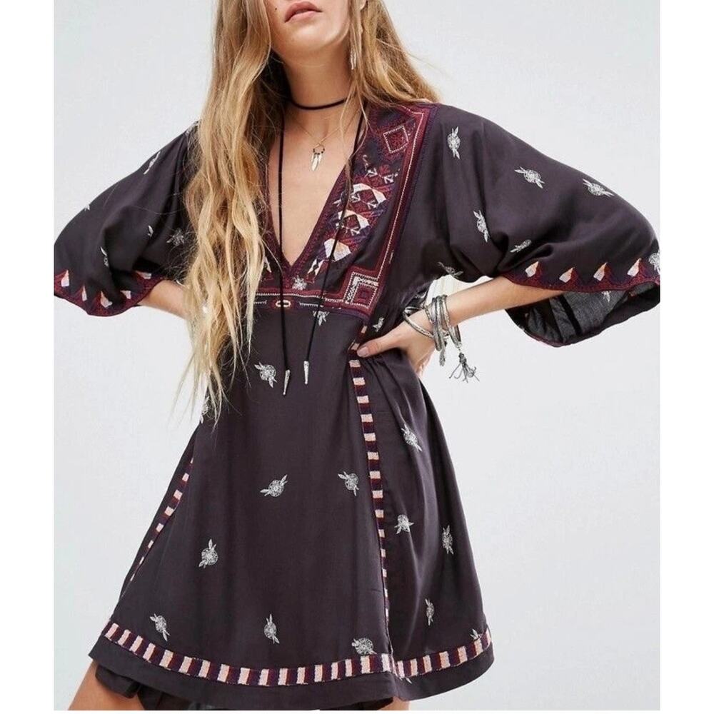 Free People Tulum Embroidered Mini Boho Dress Tunic Size XS Black 3/4 Sleeve